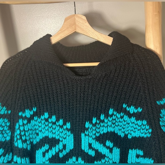 ESPRIT 80 Vintage 100% Wool knit Oversized Sweater Collared Black &Teal collar - Picture 3 of 11